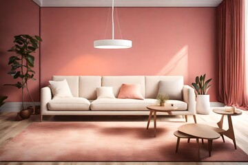 A minimalist masterpiece, featuring a single sofa, a white frame mockup on a solid color wall, and a touch of vibrant color, all bathed in the gentle glow of a sleek pendant light.