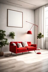 A minimalist living room with a white sectional sofa, a blank white empty frame mockup on the wall, and a bright red accent chair. The room is illuminated by natural light.