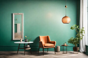 A tranquil interior design with a blank white canvas on a clear jade wall, paired with a solitary apricot chair, bathed in the warm glow of a pendant light.