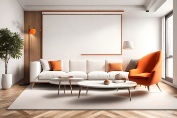 A minimalist living room with a white sofa, a blank white empty frame mockup on the wall, and a vibrant orange accent chair. The room is illuminated by a sleek pendant light.