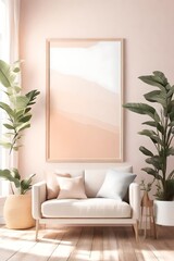 A sun-drenched living room adorned with uncomplicated furniture, showcasing a blank white empty frame mockup against a background of soft, pastel hues.