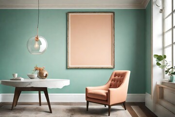 A captivating room design featuring a blank white frame against a pale jade wall, complemented by a subtle peach chair, and softly illuminated by a pendant light.