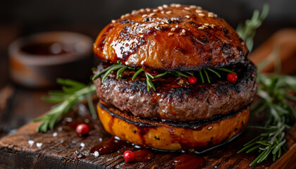 Juicy gourmet burger with a rich glaze on a wooden board, garnished with rosemary, AI generated