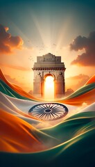 Illustration of indian gate at sunset with wavy indian flag. - obrazy, fototapety, plakaty