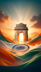 Fotobehang Illustration of indian gate at sunset with wavy indian flag. © Milano
