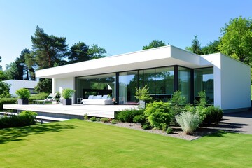 Fototapeta na wymiar modern minimalistic home with a green garden. large sliding windows and a big white coach