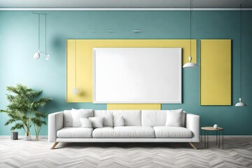 A minimalist interior with a simple white sofa, a blank white empty frame mockup on a clear azure wall, and a bright yellow accent; the room illuminated by a sleek pendant light.