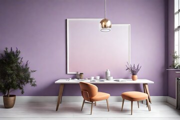 A minimalist haven with an empty white frame on a serene lavender wall, paired with a solitary apricot chair, all aglow under the radiance of a sleek pendant light.