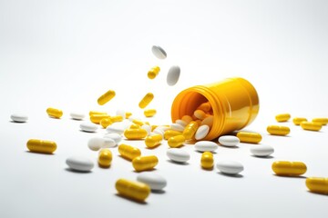 Tablets and capsules come in different colours, shapes and sizes and have a white background.