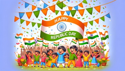 Obraz na płótnie Canvas Colorful cartoon style illustration celebrating indian republic day with joyful children.