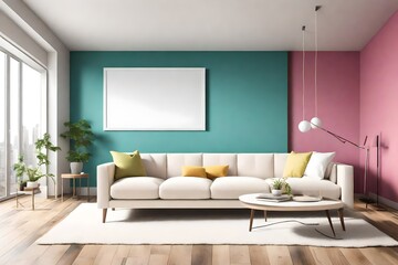 An uniquely simple living room featuring a sleek sofa, an empty white frame mockup against a clear solid color wall, and a burst of bright color, all lit by the contemporary allure of a pendant light.