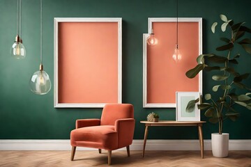 A strikingly simple interior mockup showcasing a blank white frame on a clear coral wall, adorned with a single forest green chair, and lit by the subtle warmth of a pendant light.