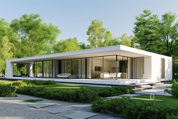 Fototapeta na wymiar modern minimalistic home with a green garden. large sliding windows and a big white coach