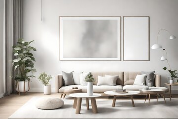 Fototapeta na wymiar A snapshot of tranquility in a living room, where simplicity meets elegance with unadorned furniture and a blank white empty frame mockup against a backdrop of soft, muted colors.