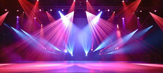 Empty concert stage with illuminated spotlights and smoke - obrazy, fototapety, plakaty