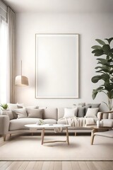 A serene living room with clean lines, simple decor, and a pristine empty frame mockup against a backdrop of soft, neutral colors.