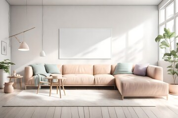 A minimalist living room bathed in natural light, showcasing uncomplicated furniture, a blank white empty frame mockup, and a harmonious blend of soft, pastel colors.