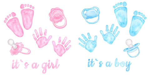 Little blue pink palm, handprint, footprint. Pacifier, dummy for newborn girl, boy. Baby shower, gender reveal party. Hand drawn watercolor illustration isolated on white background - obrazy, fototapety, plakaty
