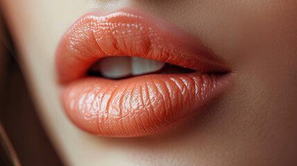 Fototapeta premium Lipstick on the lips of colors peach fuzz.