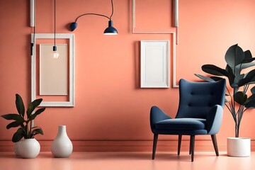 A unique minimalist interior with an empty white frame on a muted coral wall, accompanied by a single navy chair, all illuminated by a sleek pendant light.