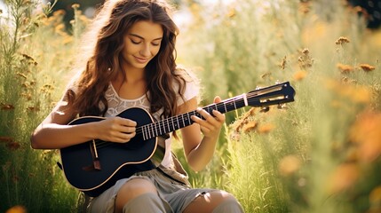 A woman in casual attire playing a musical instrument , woman, casual attire, playing, musical...