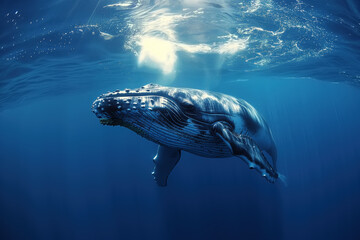Big blue mammal whale floating in water, sea life