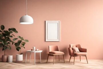 An inviting room mockup with an empty white frame on a serene blush wall, accompanied by a singular terracotta chair, all enhanced by the gentle radiance of a pendant light.