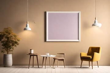 A tranquil room mockup showcasing a blank white frame on a muted mustard wall, adorned with a single lilac chair, and softly illuminated by a pendant light.