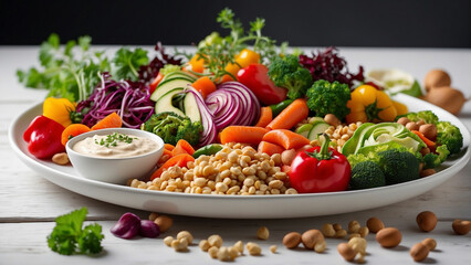 a delightful veg food plate on a white wooden table at a restaurant, showcasing a vibrant assortment of colorful vegetables, grains, and plant-based proteins