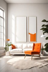 A minimalist living room with a white sectional sofa, a blank white empty frame mockup on the wall, and a bright orange accent chair. The room is illuminated by natural light.
