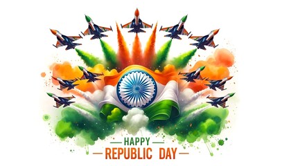 Watercolor illustration of abstract indian flag with a air jets for republic day celebration.