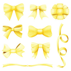 Yellow watercolor ribbon bow tie vector collection