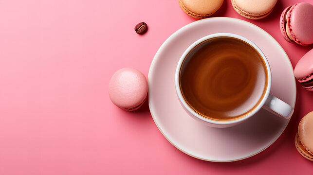 Cup of coffee cappuccino, Valentine's day background banner . White cup of coffee, pink beige chocolate macaroons on pink background. Romantic backdrop. Copy space, Valentine day Mother day, Easter