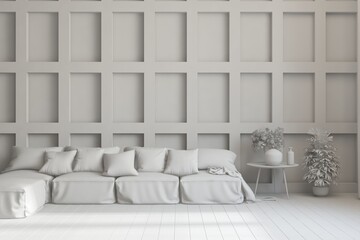 Grey interior desigh concept with furniture. 3D illustration