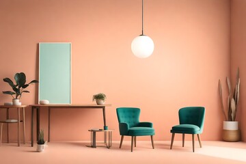 A minimalist room mockup featuring a blank white canvas on a serene peach-colored wall, paired with a singular teal chair, bathed in the soft glow of a pendant light.