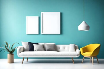 A minimalist interior with a simple white sofa, a blank white empty frame mockup on a clear azure wall, and a bright yellow accent; the room illuminated by a sleek pendant light.