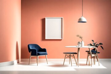 A unique minimalist interior with an empty white frame on a muted coral wall, accompanied by a single navy chair, all illuminated by a sleek pendant light.