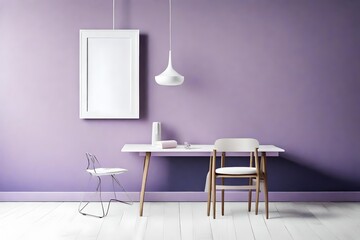 A minimalist masterpiece, a blank white empty frame on a serene lilac wall, accentuated by a single...