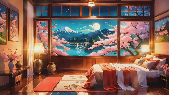 Cozy japanese house bedroom interior with beautiful night view at the window. Cartoon or anime watercolor digital painting illustration style. seamless looping 4k video animation background.