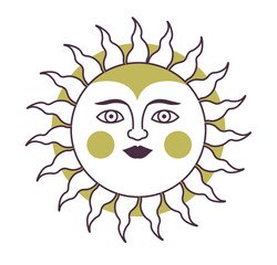 Mystic sun with rays and face, boho illustration