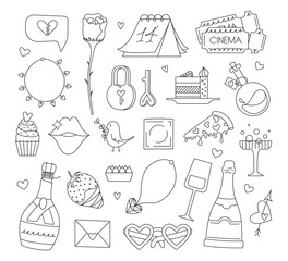 Obraz premium Set of cute hand drawn elements about love. Happy Valentine's Day vector illustration. Design elements isolated on white. Doodle style. Line art
