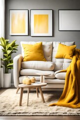 A cozy living room with a comfortable armchair, a blank white empty frame mockup on the wall, and pops of color from vibrant yellow throw pillows. The room features a textured rug.