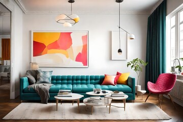 Simplicity and vibrancy coexist in a living room featuring a sleek sofa, an empty white frame, and...