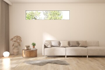 White living room with sofa. Scandinavian interior design. 3D illustration