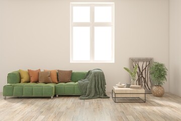 White scandinavian interior design with sofa. 3D illustration