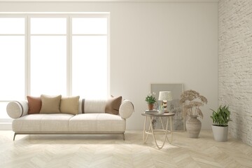 White living room with sofa. Scandinavian interior design. 3D illustration