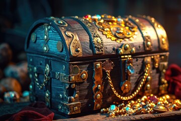 treasure chest including necklaces and rings are visible - obrazy, fototapety, plakaty