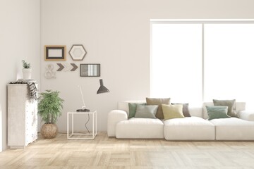 White scandinavian interior design with sofa. 3D illustration