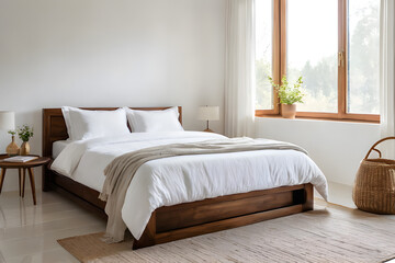 wooden bed against empty white wall