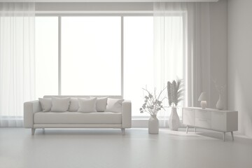 Grey interior desigh concept with furniture. 3D illustration